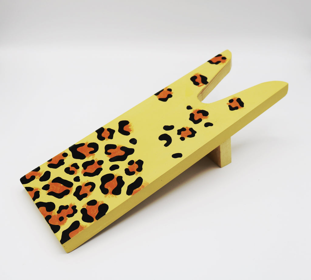 Utterly fabulous hand painted yellow leopard print Boot Jack or welly boot puller by Talolo Boots. This Leopard print design complements our Leopard ankle boots, and, like the boots, they are original and add some happiness and colour into everyday life.