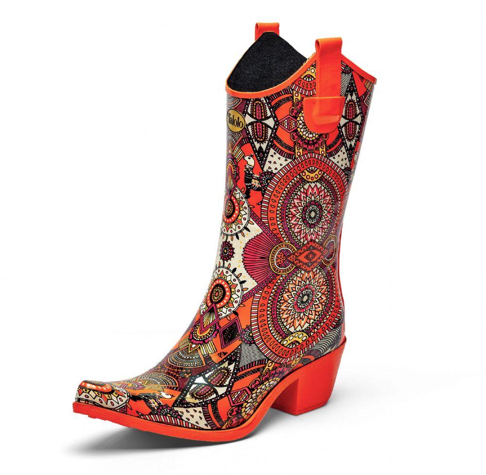 Zesty and full of life, these Talolo Women's orange aztec patterned, funky cowboy welly boots are heeled to give you sophistication and will reach the middle of the calf. Lined for comfort.