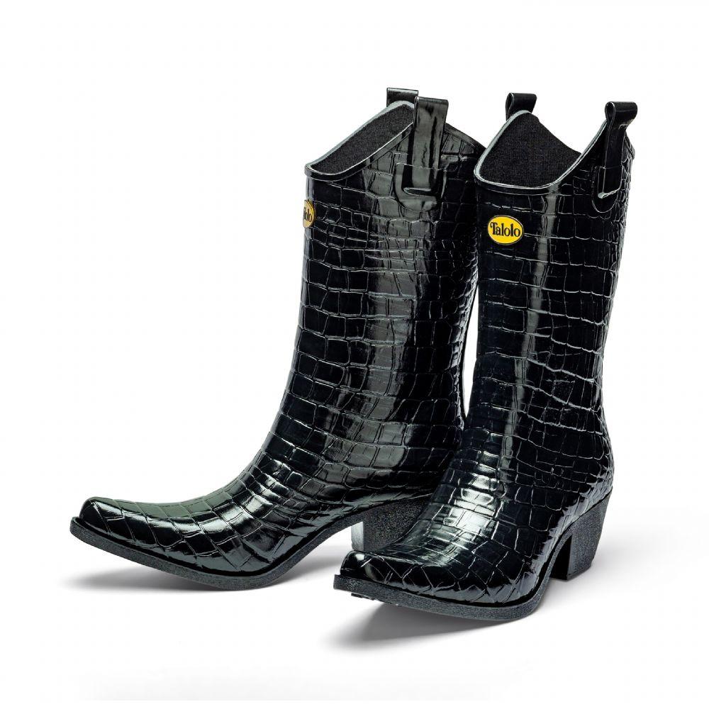 Super smart and classic, these Talolo Women's Urban crocodile textured black patent pointed cowboy welly boots have a 3cm heel and will compliment virtually any outfit. Lined for comfort.
