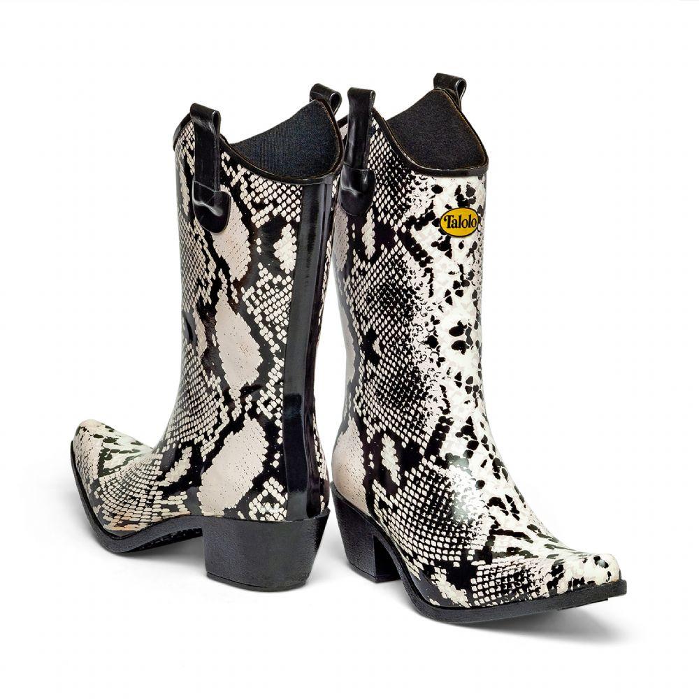 Chic and stylish, these Talolo Women's Bandy snake patterned black and white cowboy welly boots have a 3cm heel and will reach the middle of the calf. Cut close to the leg for a hot flattering look.  Lined for comfort.