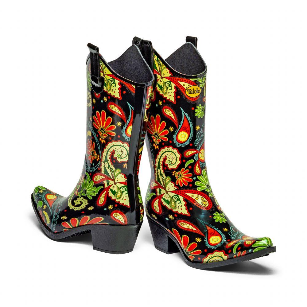 Totally bohemian with bright reds, greens and yellows, these Talolo Women's Paisley pointed cowboy welly boots have a 3cm heel and cut close to the leg for a flattering look. Will compliment virtually any outfit with this true vintage design. Lined for comfort
