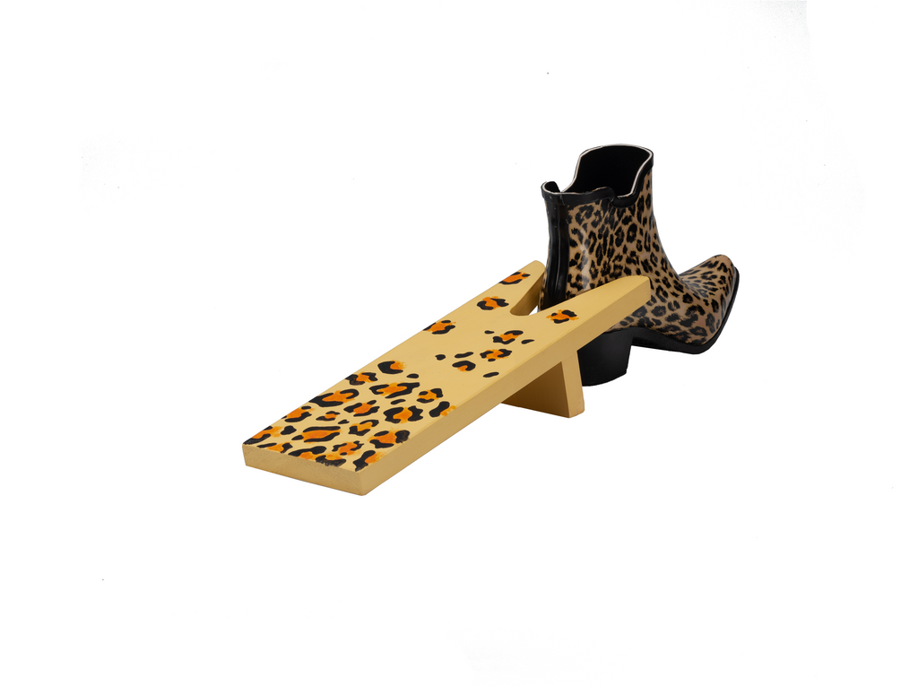 Utterly fabulous hand painted yellow leopard print Boot Jack or welly boot puller by Talolo Boots. This Leopard print design complements our Leopard ankle boots, and, like the boots, they are original and add some happiness and colour into everyday life.