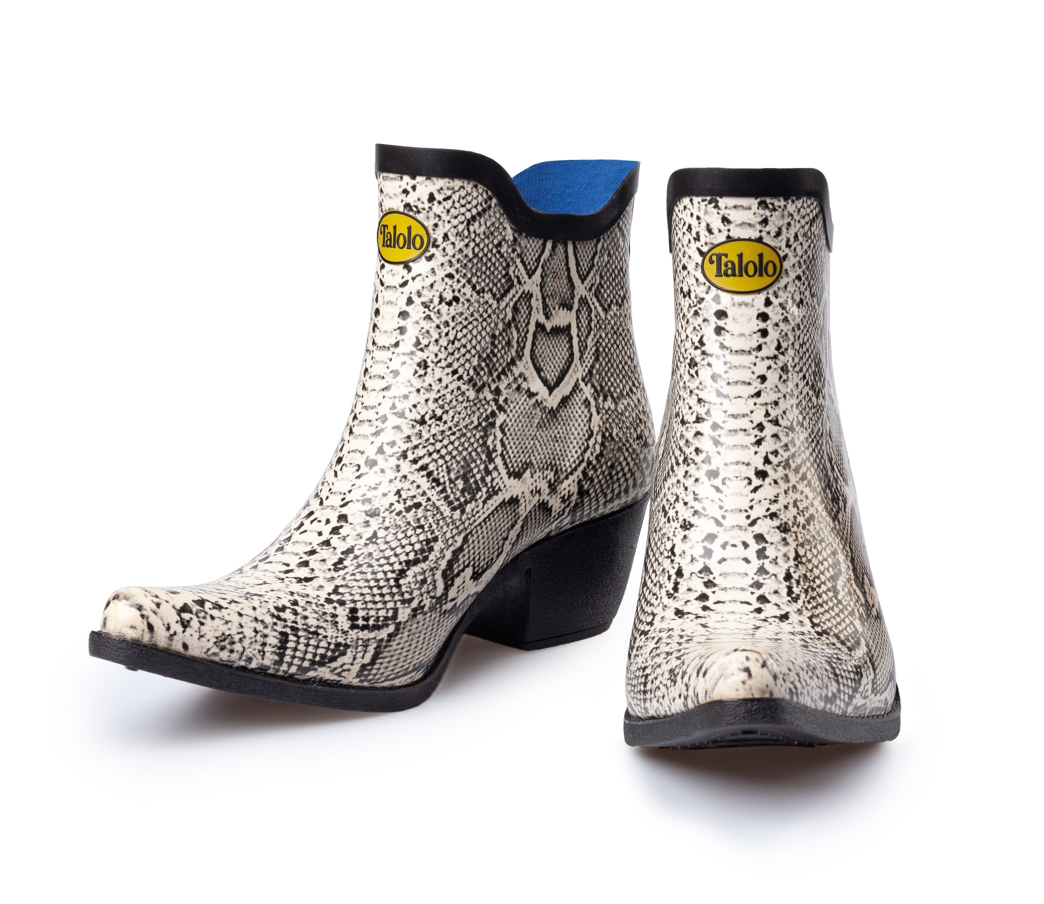 Chic and stylish, these Talolo Women's Lizzie snake print black and white pointed cowboy welly ankle boots have a 3cm heel. Lined for comfort.