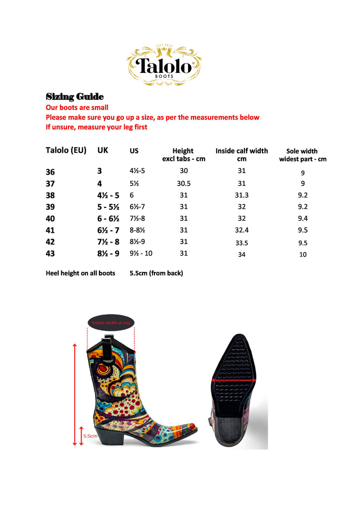 Chic and stylish, these Talolo Women's Bandy snake patterned black and white cowboy welly boots have a 3cm heel and will reach the middle of the calf. Cut close to the leg for a hot flattering look.  Lined for comfort.