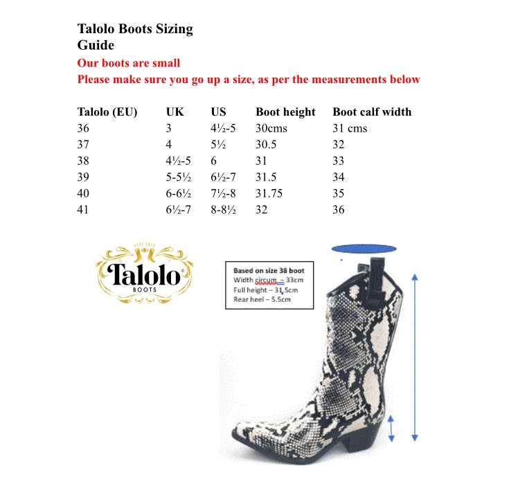 Size chart for Talolo Boots. The boots come up small, so it is important to go up a full size.
